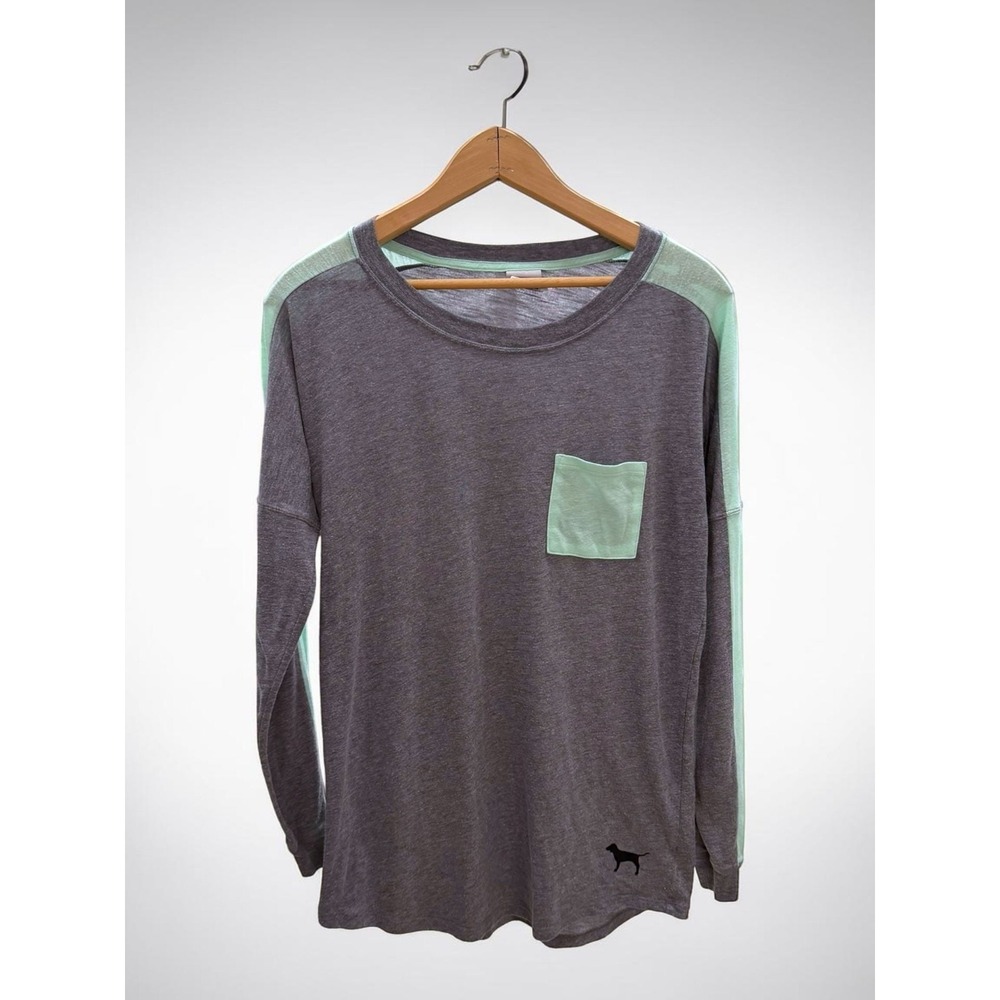PINK Victoria's Secret Grey and Mint Green Long Sleeve‎ Pocket Tee Size XS